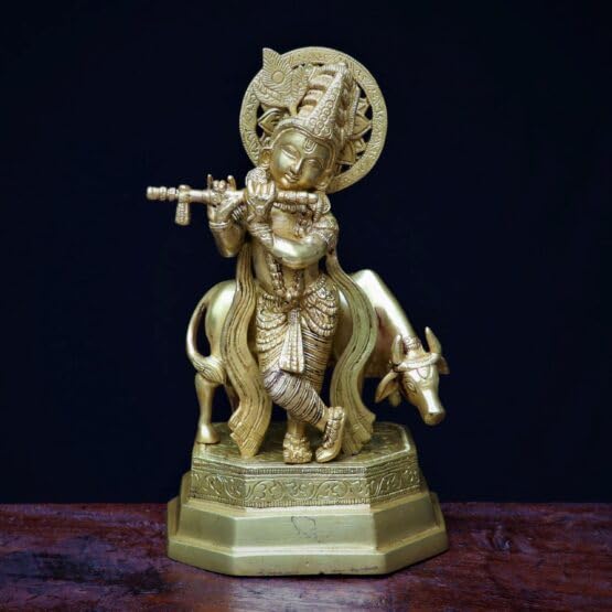 Brass Krishan Plating Flute with Cow Statue, showpiece Idol for Home décor, Home Temple, Office Temple